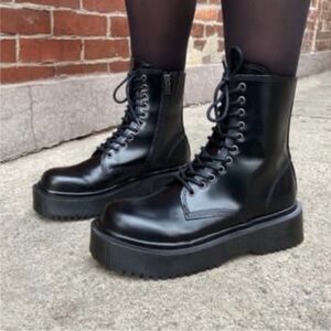 Jeffrey Campbell Sopas Lugged Platform Boot Black Leather Combat Shiny Sz 12